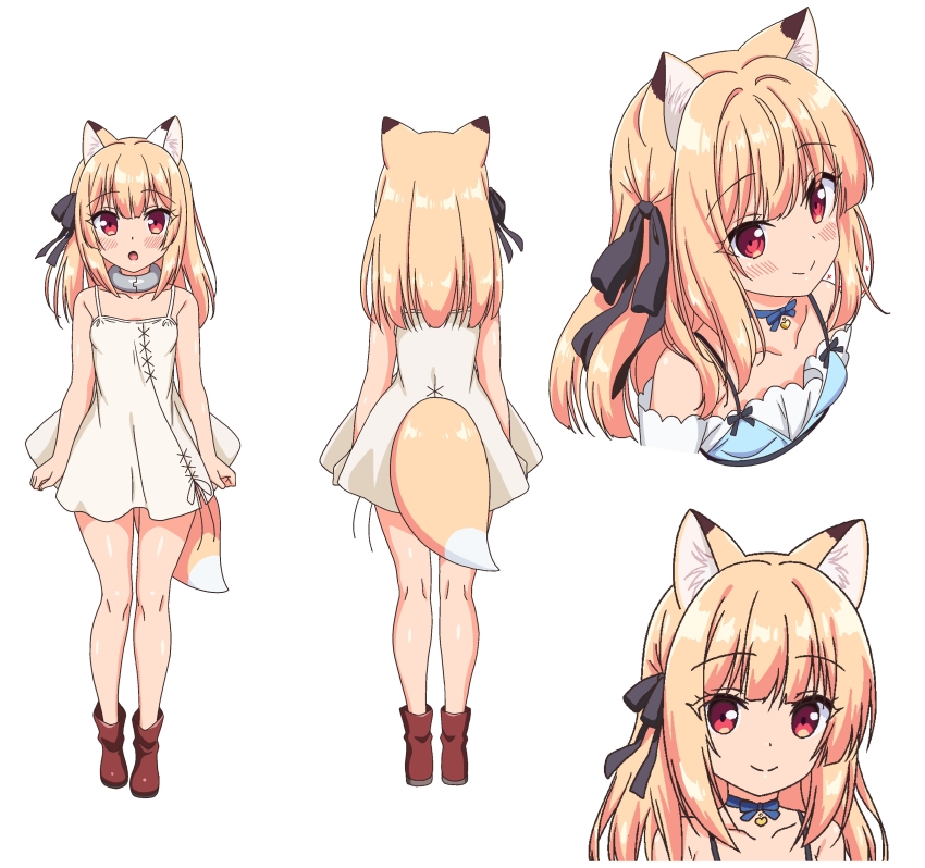 1girl absurdres animal_ear_fluff animal_ears black_ribbon blonde_hair blue_dress boku_no_risou_no_isekai_seikatsu boots reference_sheet chise_(ichiri) clothing_cutout collar color_guide dress fox_ears fox_girl fox_tail full_body hair_ribbon highres medium_hair metal_collar multiple_views red_eyes ribbon sazaki_ichiri smile standing tail tail_through_clothes turnaround white_background white_dress