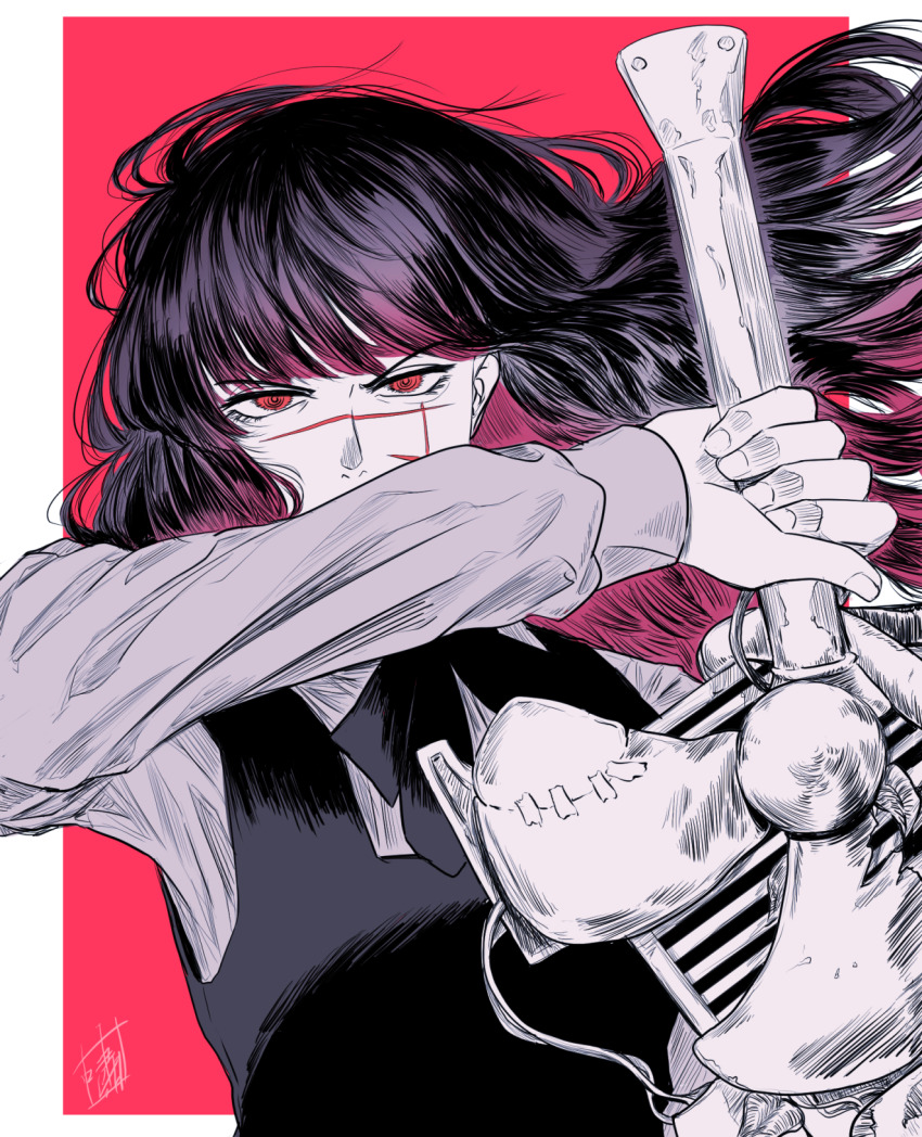 1girl black_dress black_hair blunt_bangs chainsaw_man covered_mouth dress floating_hair hand_up highres holding holding_sword holding_weapon long_hair long_sleeves looking_at_viewer monochrome outside_border pinafore_dress red_background red_eyes red_theme ringed_eyes scar scar_on_face shao_(newton) signature sleeveless sleeveless_dress solo sword unconventional_weapon upper_body v-shaped_eyebrows weapon yoru_(chainsaw_man)