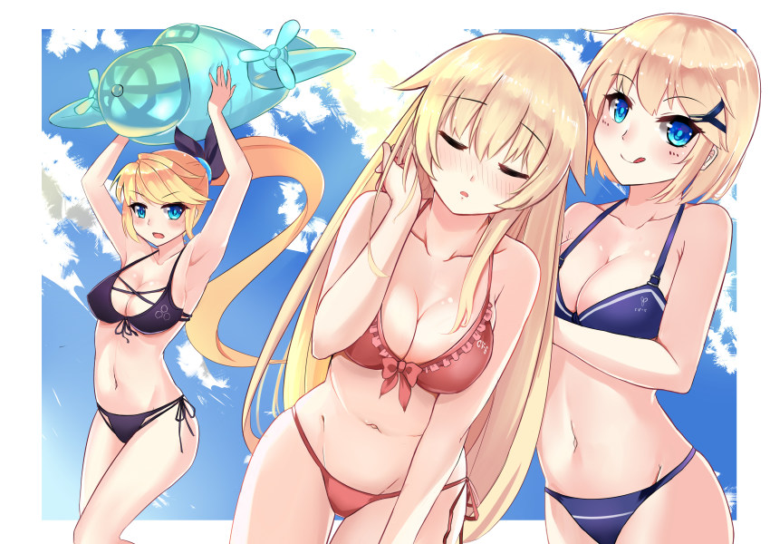 3girls :q absurdres adjusting_hair armpits bikini black_bikini blonde_hair blue_bikini blue_eyes blush breasts cleavage cloud day enterprise_(warship_girls_r) front-tie_bikini_top front-tie_top hair_flaps hair_ornament hairclip highres hornet_(warship_girls_r) inflatable_toy licking_lips long_hair looking_at_viewer medium_breasts multiple_girls naughty_face navel nose_blush ponytail red_bikini short_hair side-tie_bikini_bottom sky smile swimsuit tongue tongue_out very_long_hair warship_girls_r xiao_bing_qiaokeli yorktown_(warship_girls_r)