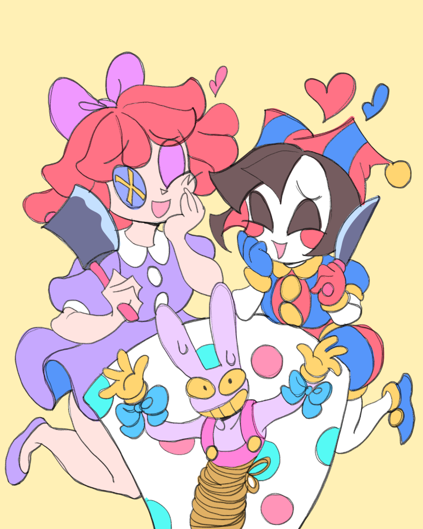 1boy 2girls absurdres asymmetrical_gloves blue_eyes blue_gloves bow brown_hair dress gloves hair_bow hat highres jax_(the_amazing_digital_circus) jester_cap kkakong88 multicolored_eyes multiple_girls pomni_(the_amazing_digital_circus) puffy_sleeves ragatha_(the_amazing_digital_circus) red_eyes red_hair short_hair short_sleeves the_amazing_digital_circus