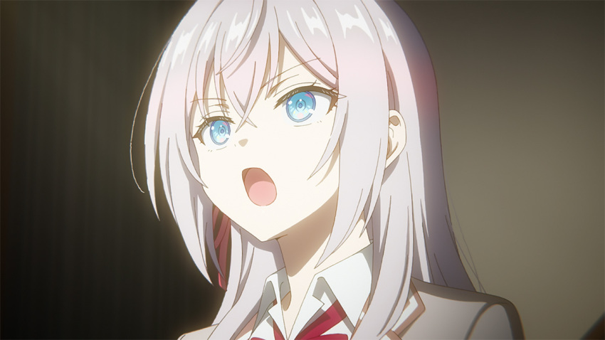 1girl alisa_mikhailovna_kujou anime_screenshot blazer blue_eyes bow bowtie collared_shirt crossed_bangs grey_hair grey_jacket hair_between_eyes hair_ribbon jacket lapels long_hair notched_lapels official_art open_mouth red_bow red_bowtie red_ribbon ribbon school_uniform seiren_academy_school_uniform shirt solo tokidoki_bosotto_roshia-go_de_dereru_tonari_no_alya-san white_shirt wing_collar
