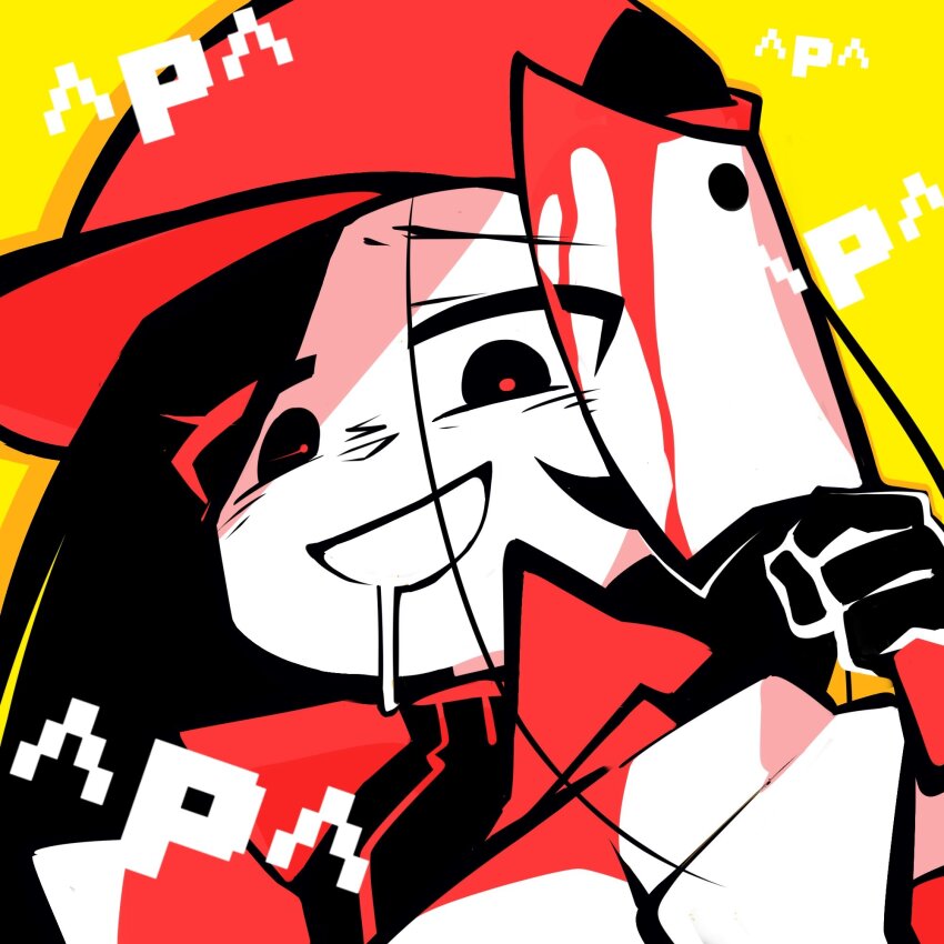 1girl ^_^ ^q^ baseball_cap black_eyes black_gloves black_hair black_shirt butcher_vanity_(synthesizer_v) cleaver close-up closed_eyes drooling emoticon glimony gloves hat highres holding holding_cleaver jacket long_hair looking_at_viewer open_mouth red_hat red_pupils red_trim shirt simple_background solo synthesizer_v white_jacket yellow_background yi_xi_(synthesizer_v)