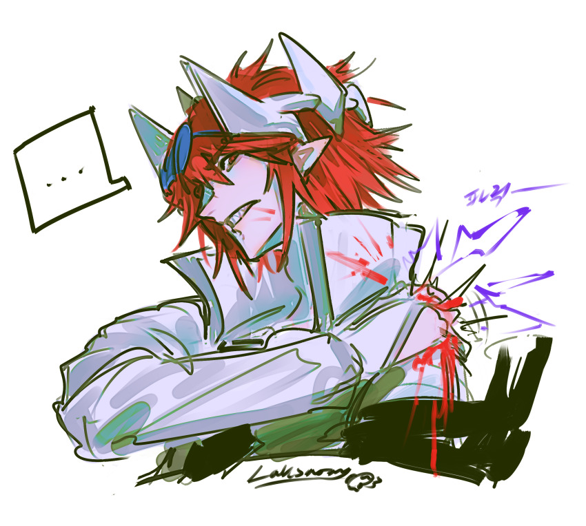 ... 1boy aotu_world artist_name black_shirt blood blood_on_clothes blood_on_face chinese_commentary clenched_teeth electricity goggles goggles_on_head hand_on_own_arm headgear high_collar highres injury jacket korean_text laksarang male_focus pius_(aotu_world) pointy_ears red_eyes red_hair sharp_teeth shirt short_hair signature simple_background sketch smile solo speech_bubble spoken_ellipsis teeth upper_body white_background white_jacket