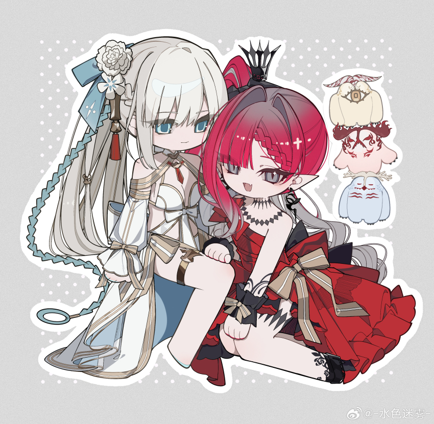 2girls :d absurdres artist_name asymmetrical_hair baobhan_sith_(exhibition_attire)_(fate) baobhan_sith_(fate) baobhan_sith_(swimsuit_pretender)_(fate) baobhan_sith_(swimsuit_pretender)_(third_ascension)_(fate) bare_shoulders bikini black_bow black_footwear blue_bow blue_eyes blue_hair blue_nails blunt_bangs blush bow braid braided_bangs brown_bow burnunnos_(fate) chinese_commentary closed_mouth commentary_request crown deformed detached_sleeves dress dress_bow earrings eyes_visible_through_hair fang fate/grand_order fate_(series) flower frilled_wrist_cuffs frills full_body gradient_hair grey_background grey_eyes grey_hair hair_bow hair_flower hair_intakes hair_ornament hana_soretsu hand_on_another&#039;s_knee high_heels highres jewelry knees_together_feet_apart long_hair long_sleeves looking_at_viewer mini_crown morgan_le_fay_(fate) morgan_le_fay_(water_princess)_(fate) multicolored_hair multiple_girls nail_polish necklace oceanunnos_(fate) open_mouth outline pink_hair pointy_ears polka_dot polka_dot_background ponytail red_bow red_dress side_ponytail sidelocks simple_background single_braid single_sidelock sitting skin_fang slit_pupils smile strapless strapless_dress striped_bow succunnos_(fate) swimsuit tassel thigh_strap two-tone_hair very_long_hair watermark weibo_watermark white_bikini white_flower white_outline white_sleeves wrist_cuffs
