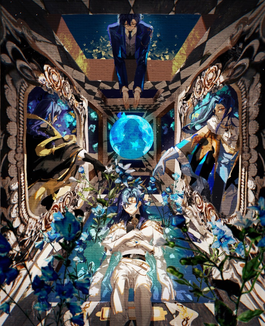 4boys absurdres afloat ascot bellflower belt black_belt black_cape black_cloak black_gloves blazer blue_eyes blue_flower blue_gemstone blue_hair blue_jacket blue_moon blue_necktie braid cape checkered_floor chinese_bellflower clarence_clayden clarence_clayden_(godheim) clarence_clayden_(spirit_world) cloak closed_eyes closed_mouth collared_shirt curtained_hair feet_out_of_frame flower full_moon fur-trimmed_cape fur_trim gem glasses gloves grey_gloves grey_vest hair_between_eyes hands_on_own_stomach heroine_(lovebrush_chronicles) highres jacket light_particles lishi817 long_hair long_sleeves lovebrush_chronicles male_focus mole mole_under_eye monocle moon multiple_boys multiple_persona necktie outstretched_arm outstretched_arms pants parted_bangs perspective picture_frame profile reaching ribbon shirt short_hair silhouette single_braid through_medium through_painting upper_body vest water white_ascot white_gloves white_jacket white_pants white_shirt window yellow_ribbon