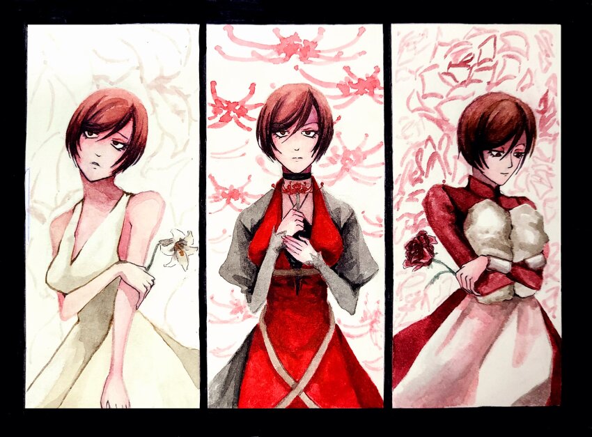 1girl absurdres apron baby bare_arms bare_shoulders black_choker black_sleeves brown_eyes brown_hair carrying carrying_baby carrying_person choker collared_dress dress evillious_nendaiki flower gouache_(medium) gretel_(evillious_nendaiki) hansel_(evillious_nendaiki) highres holding holding_flower lily_(flower) looking_at_another looking_at_viewer looking_down looking_up majo_salmhofer_no_toubou_(vocaloid) meiko_(vocaloid) meta28050 meta_salmhofer moonlit_bear_(vocaloid) mother_and_daughter mother_and_son multiple_persona painting_(medium) progression red_dress red_flower red_rose rose short_hair smile solo_focus spider_lily traditional_media upper_body vocaloid waist_apron watercolor_(medium) white_apron white_dress