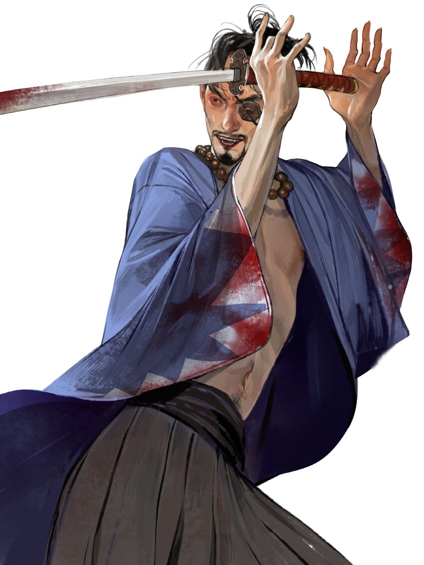 1boy absurdres black_hair black_hakama blood blood_on_sleeves bloody_weapon eyepatch facial_hair hakama highres holding holding_sword holding_weapon japanese_clothes majima_goro male_focus okita_souji_(ishin) one_eye_covered open_clothes open_mouth ponytail ryuu_ga_gotoku_(series) ryuu_ga_gotoku_ishin! smile solo sword teeth vats9_9 weapon
