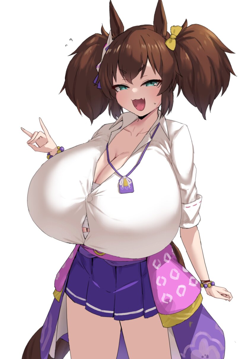 1girl :3 absurdres animal_ears aqua_eyes blush bow bracelet breasts brown_hair button_gap chest_sarashi cleavage fang fox_mask fox_shadow_puppet gigantic_breasts green_eyes gyaru hair_bow highres horse_ears horse_girl horse_tail inari_one_(umamusume) jewelry kimono_around_waist mask mask_on_head noe_(ppppriver) open_mouth purple_skirt sarashi shirt shortstack skin_fang skirt smile solo standing sweat tail twintails umamusume white_background white_shirt yellow_bow