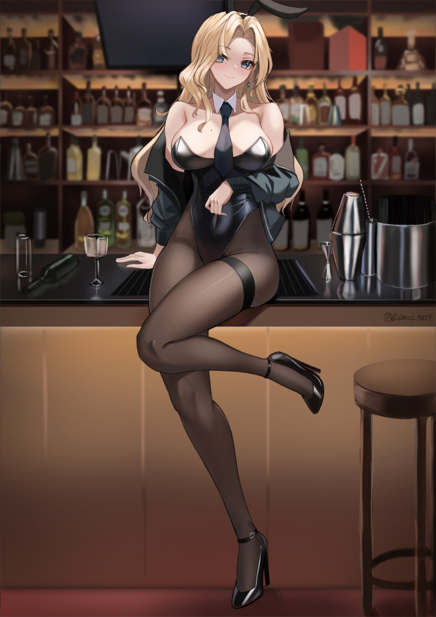 1girl absurdres alcohol animal_ears bar_(place) bar_stool bartender between_breasts black_jacket black_leotard blue_eyes blurry blurry_background bottle breasts cleavage cocktail_shaker counter covered_navel cup detached_collar dimos_(dawn_1945) drinking_glass earrings fake_animal_ears flat_screen_tv full_body high_heels highres hornet_(kancolle) indoors jacket jewelry kantai_collection large_breasts leotard liquor long_hair looking_at_viewer necktie necktie_between_breasts pantyhose playboy_bunny rabbit_ears sitting smile solo stool strapless strapless_leotard television wrist_cuffs