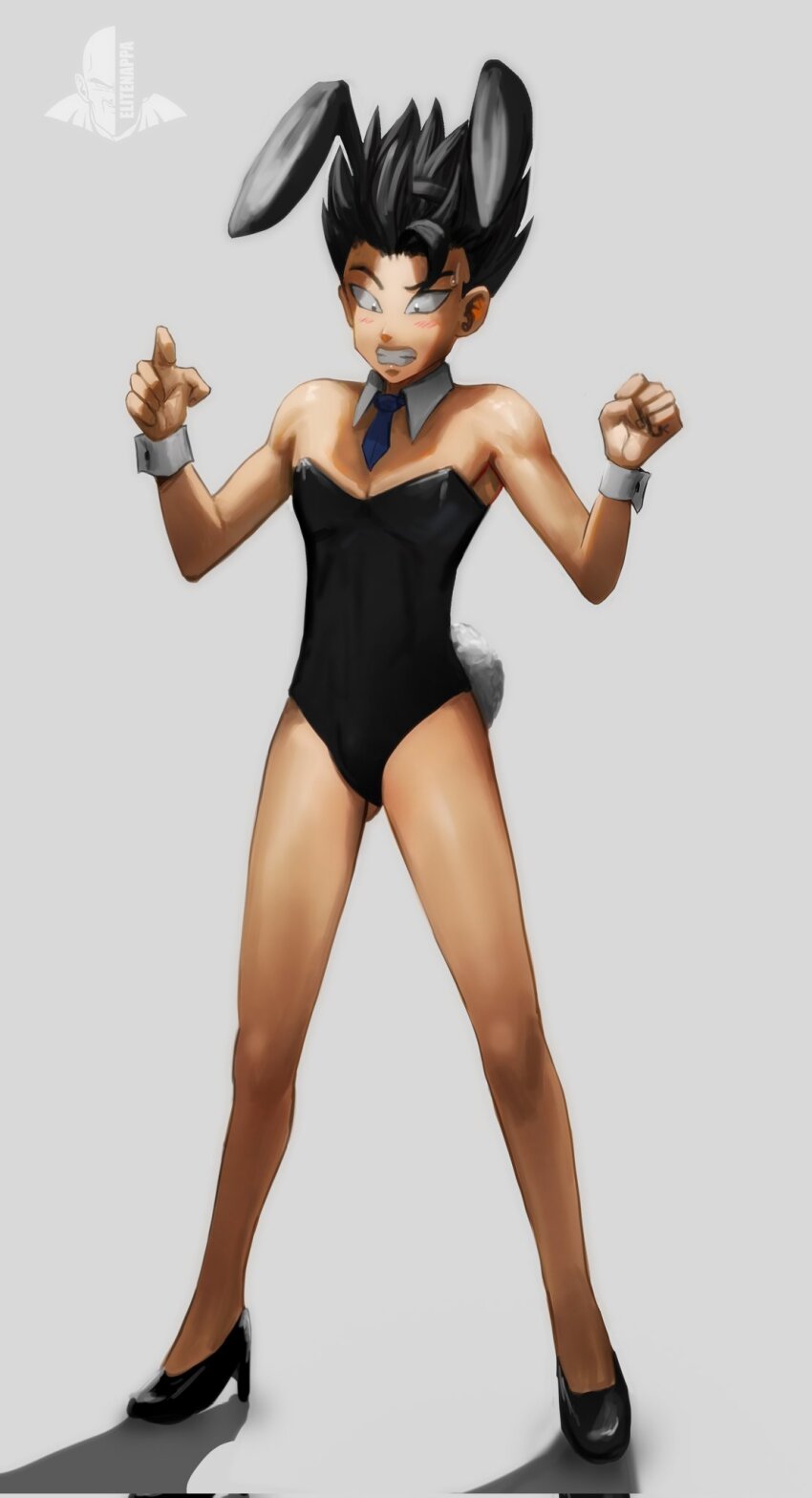 1boy 1girl animal_ears black_eyes black_hair black_leotard blush cabba dragon_ball dragon_ball_super elite_nappa embarrassed fake_animal_ears full_body grey_background high_heels highres leotard necktie playboy_bunny rabbit_ears spiked_hair wrist_cuffs
