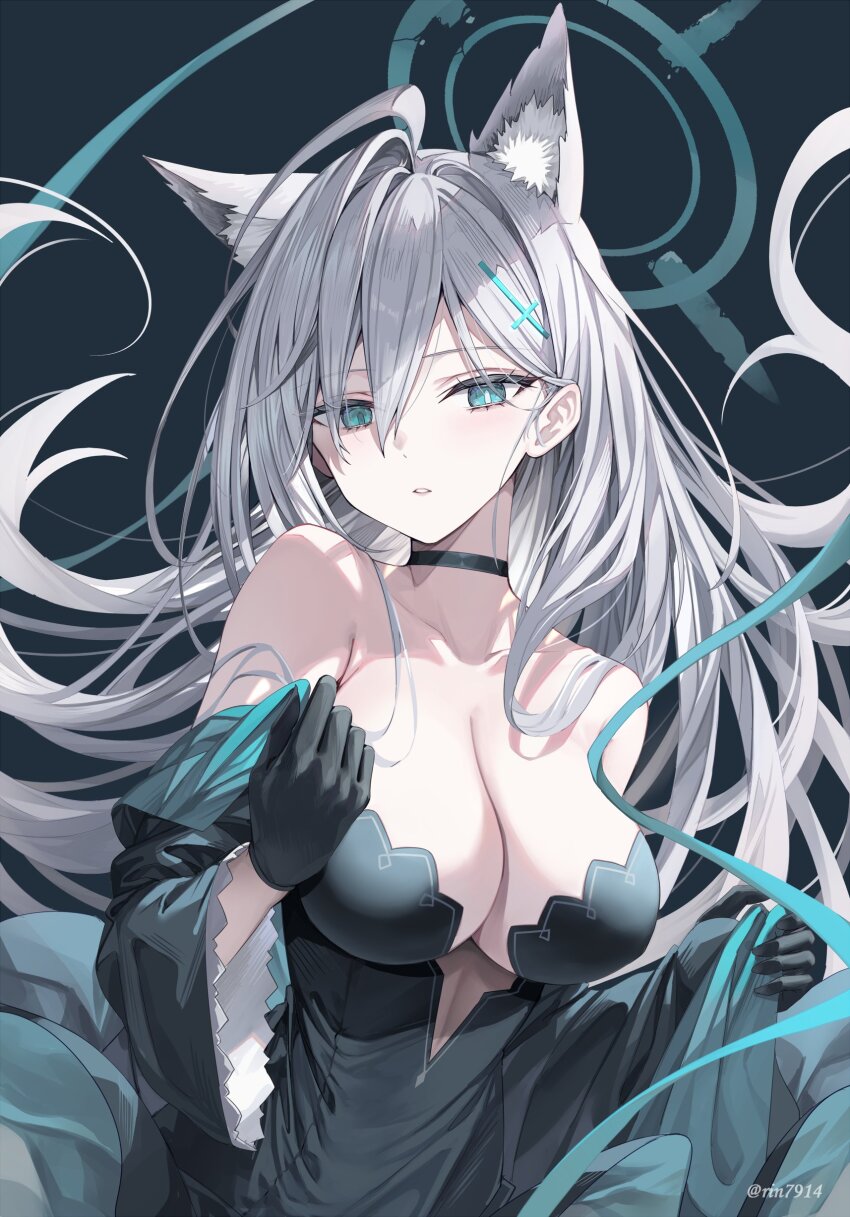 1girl absurdres ahoge animal_ear_fluff animal_ears bare_shoulders black_choker black_dress black_gloves blue_archive blue_eyes breasts broken_halo choker cleavage commentary cross cross_hair_ornament dress extra_ears gloves grey_background grey_hair hair_between_eyes hair_ornament halo highres inverted_cross large_breasts long_hair looking_at_viewer mismatched_pupils parted_bangs revision rin_yuu shiroko_terror_(blue_archive) simple_background solo strapless strapless_dress very_long_hair wide_sleeves wolf_ears wolf_girl