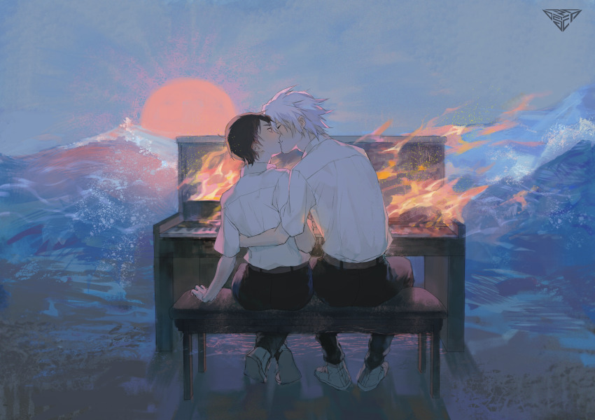 2boys arm_around_back arm_support backlighting black_pants brown_hair closed_eyes collared_shirt from_behind full_body highres ikari_shinji instrument kiss looking_at_another male_focus mountain mountainous_horizon multiple_boys nagisa_kaworu neon_genesis_evangelion on_bench outdoors pants piano piano_bench shirt shoes short_hair short_sleeves sitting sky spiked_hair sun tsukixxx white_hair white_shirt white_shoes white_sleeves yaoi