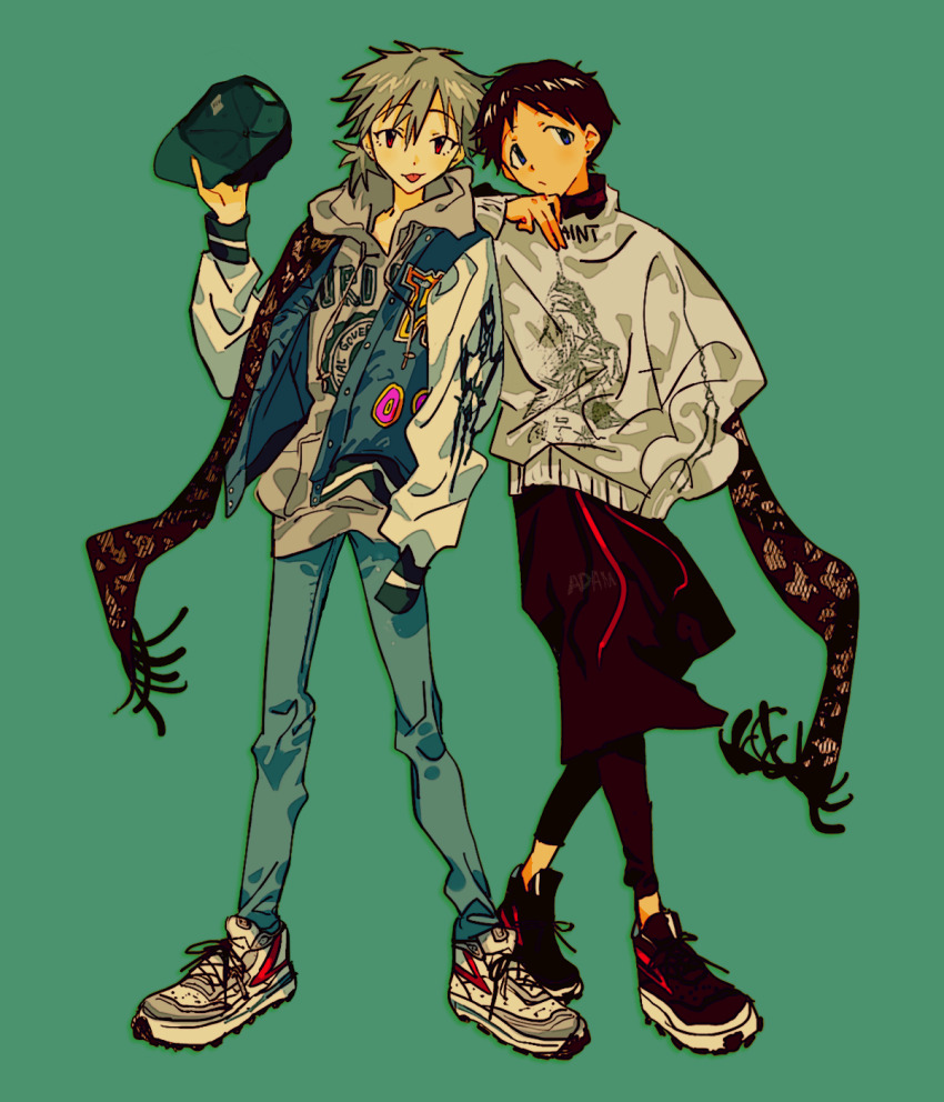 2boys alternate_costume aqua_background black_leggings black_scarf blue_eyes blue_hat blue_jacket brown_hair denim fishcoooo full_body grey_hair grey_sweater hat highres hood hoodie ikari_shinji jacket jeans leggings male_focus medium_hair multiple_boys nagisa_kaworu neon_genesis_evangelion pants red_eyes scarf shared_clothes shared_scarf shoes short_hair simple_background skirt sneakers sweater