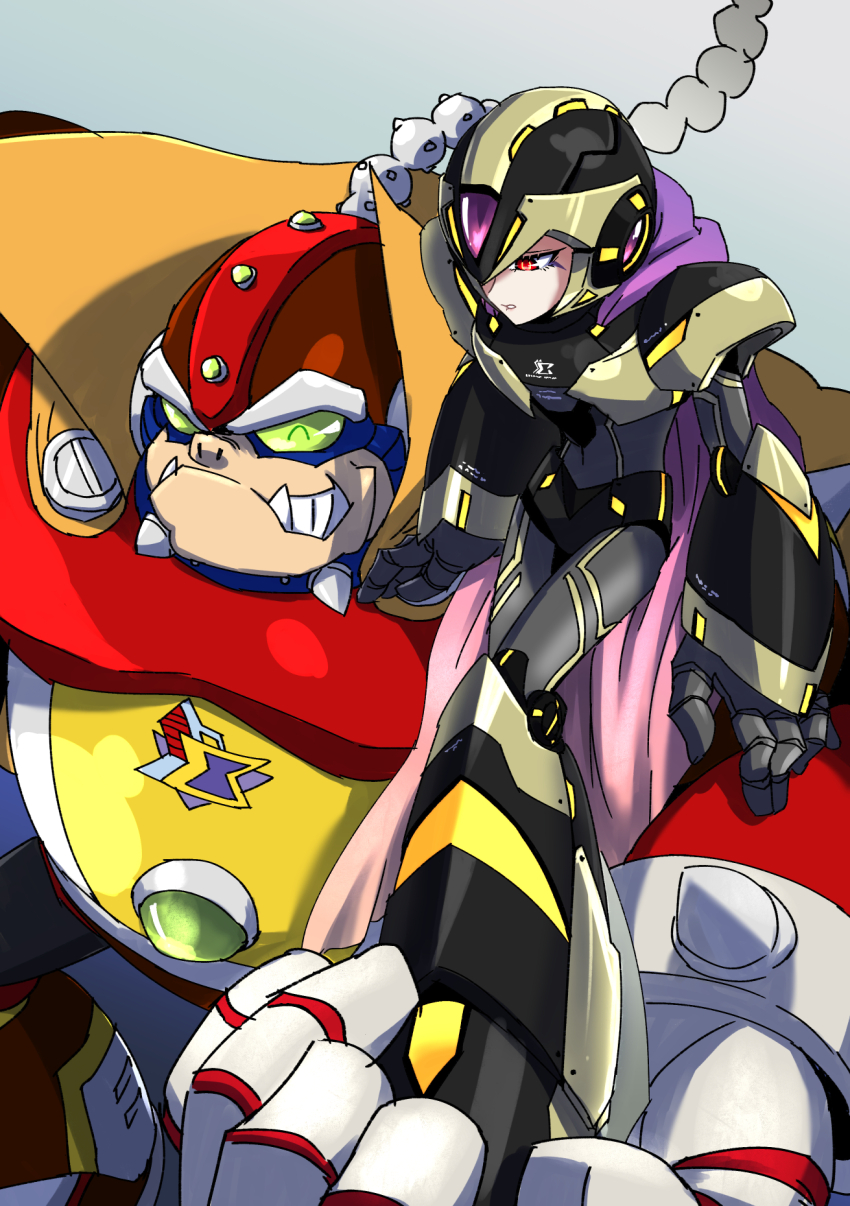 2boys android armor bald cape chest_jewel choker clenched_teeth closed_eyes collar eyelashes facial_mark forehead_jewel full_body glint gloves glowing gold_armor gold_helmet green_eyes half-closed_eyes helmet high_collar highres hiyoko_ai holding jewelry male_focus mega_man_(series) mega_man_x2 mega_man_x_(series) mega_man_x_dive multiple_boys neon_lights neon_trim open_mouth purple_cape red_armor red_eyes red_helmet robot robot_ears shoulder_armor sigma_symbol sitting sitting_on_person sitting_on_shoulder smile spiked_collar spikes teeth tusks violen_(mega_man) x-kai_(mega_man) yellow_cape