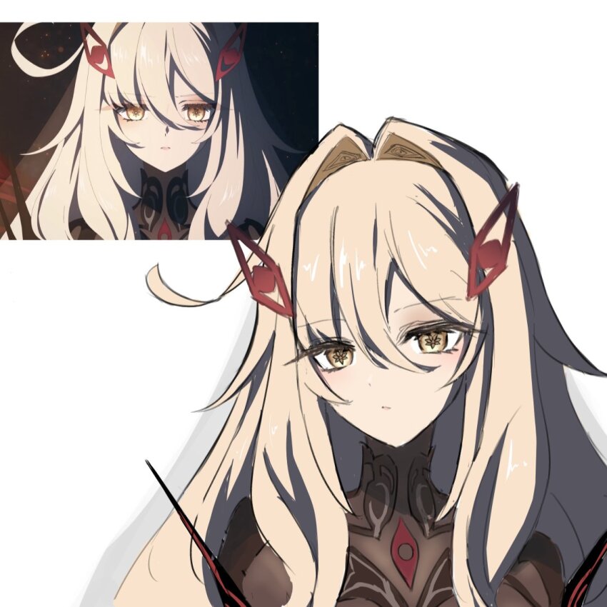 1girl black_dress closed_mouth cowlick doremifasorachi dress genshin_impact hair_ornament long_hair official_art_inset reference_inset ronova_(genshin_impact) simple_background solo upper_body white_background white_hair yellow_eyes