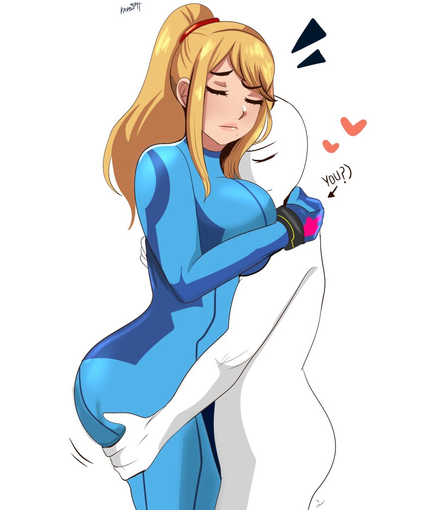 1boy 1girl absurdres ass between_breasts blonde_hair blue_bodysuit bodysuit breasts closed_eyes grabbing_another&#039;s_ass groping highres karbuitt metroid nintendo ponytail samus_aran viewer_self-insert white_background zero_suit