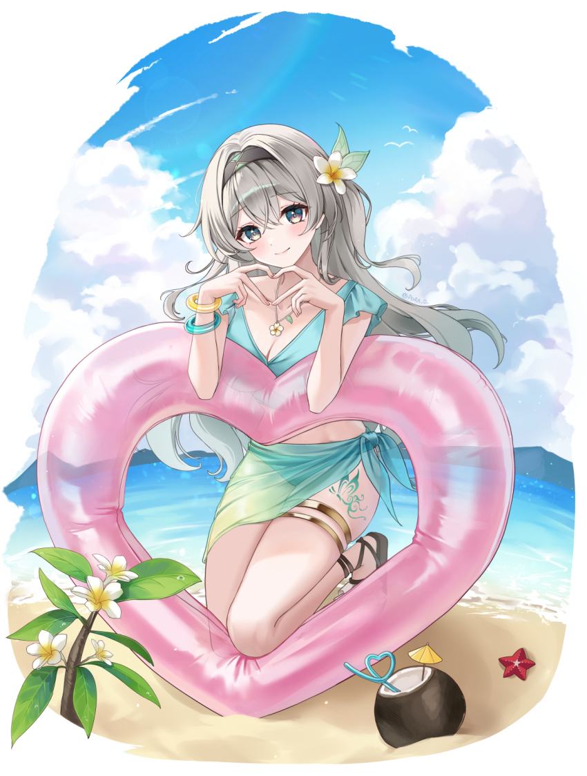 1girl four-finger_heart_hands alternate_costume aqua_bikini aqua_sarong beach bikini bikini_bottom_only black_hairband blue_sky breasts closed_mouth cloud coconut_cup firefly_(honkai:_star_rail) gold_thighlet grey_hair hair_between_eyes hairband hands_up heart heart-shaped_innertube heart_hands highres honkai:_star_rail honkai_(series) horizon innertube jewelry kneeling leg_tattoo long_hair medium_breasts necklace ocean pora_0918 sarong sky smile solo swim_ring swimsuit tattoo thighlet v-neck white_background bracelet