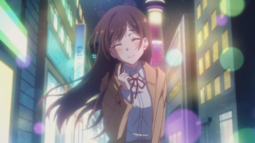 1girl anime_screenshot blush brown_coat brown_hair building closed_eyes closed_mouth coat collared_shirt facing_viewer floating_hair kanojo_okarishimasu long_hair long_sleeves looking_at_viewer mizuhara_chizuru neck_ribbon night official_art outdoors red_ribbon ribbon shirt smile solo standing white_shirt wing_collar