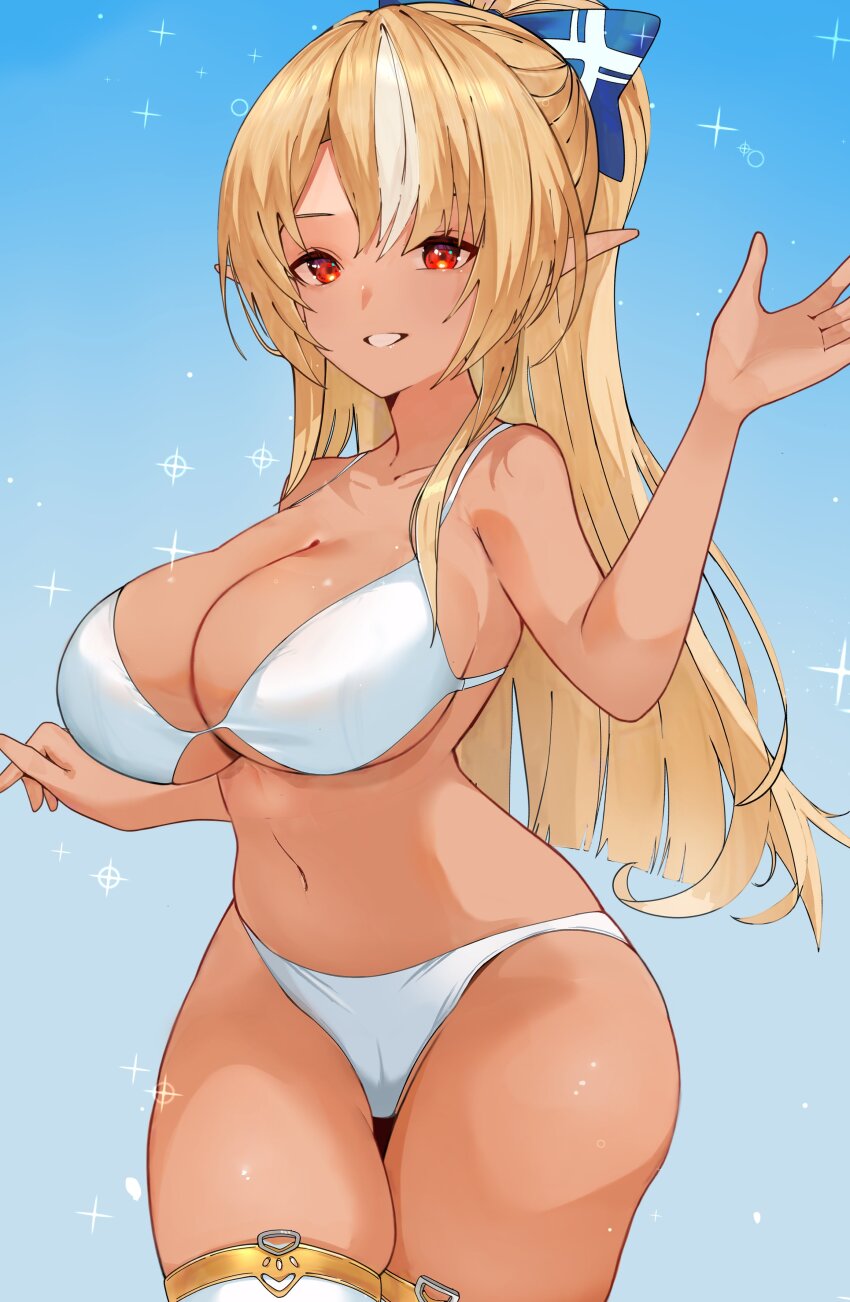 1girl absurdres bikini blonde_hair breasts cowboy_shot dark-skinned_female dark_elf dark_skin elf highres hololive large_breasts long_hair pointy_ears shiranui_flare solo swimsuit tomo0843 virtual_youtuber white_bikini