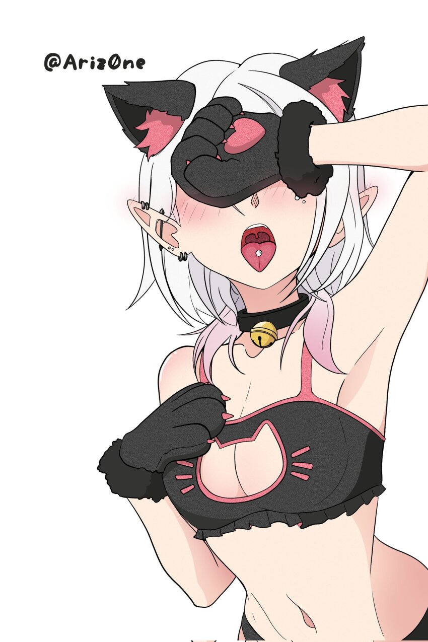 animal_ears animal_hands ariz0ne breasts cat_ears cat_paws elf enis_(roswell_ss) grey_eyes highres medium_breasts medium_hair mole mole_under_eye piercing pointy_ears white_hair