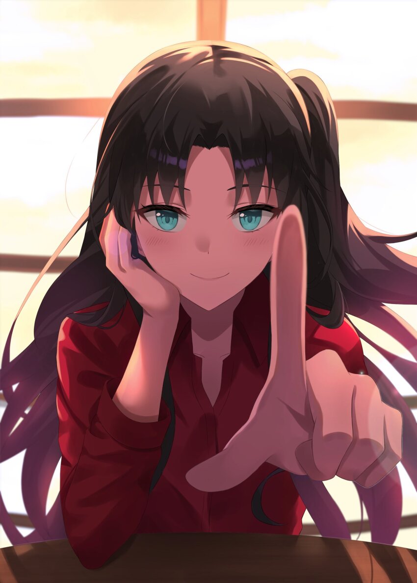 1girl aged_up black_hair blue_eyes blush closed_mouth commentary_request fate/stay_night fate/unlimited_blade_works fate_(series) head_rest highres index_finger_raised indoors long_hair looking_at_viewer official_alternate_costume official_alternate_hairstyle parted_bangs pointing pointing_at_viewer red_shirt shirt side_ponytail sitting smile solo table tohsaka_rin window yuyuenimo