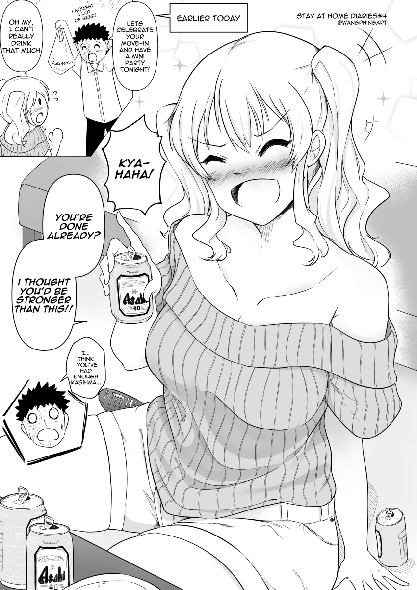 :d :o absurdres alcohol asahi_breweries beer beer_can blush burn_scar can couch crew_cut dress drink_can drunk english_text greyscale highres kantai_collection kashima_(kancolle) kashima_(lawson)_(kancolle) lawson monochrome open_mouth robba-san_(wangphing) scar sitting smile spiked_hair sweatdrop sweater sweater_dress table twintails twitter_username wangphing