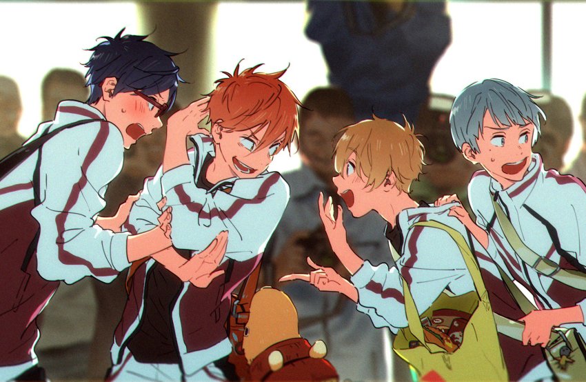 10s 4boys backpack bag blonde_hair blue_hair blush free! glasses hana_(dqkmb362) hand_on_another&#039;s_shoulder hazuki_nagisa highres jacket looking_at_another looking_to_the_side male_focus mikoshiba_momotarou multiple_boys nitori_aiichirou open_mouth pointing pointing_at_another red_hair ryuugazaki_rei silver_hair slice_of_life smile tote_bag