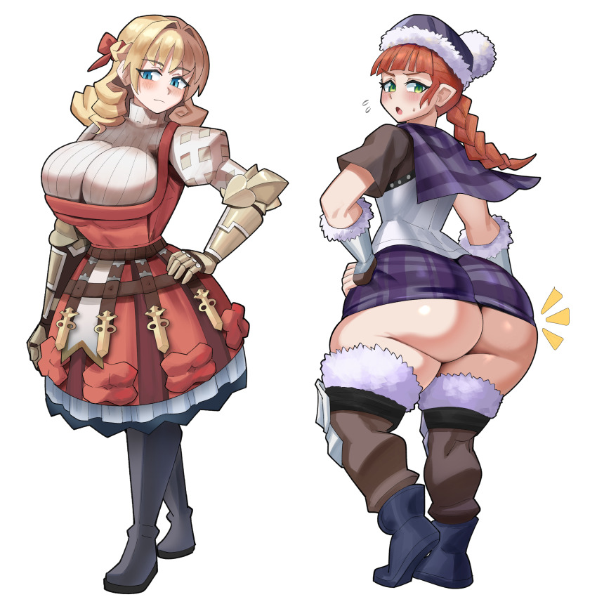 2girls ass ass_focus blonde_hair blue_eyes breasts bursting_breasts curvy dress from_behind huge_ass large_breasts looking_back multiple_girls no_panties orange_hair scarlett_(unicorn_overlord) short_dress thick_thighs thighs unicorn_overlord ytrall yunifi_(unicorn_overlord)