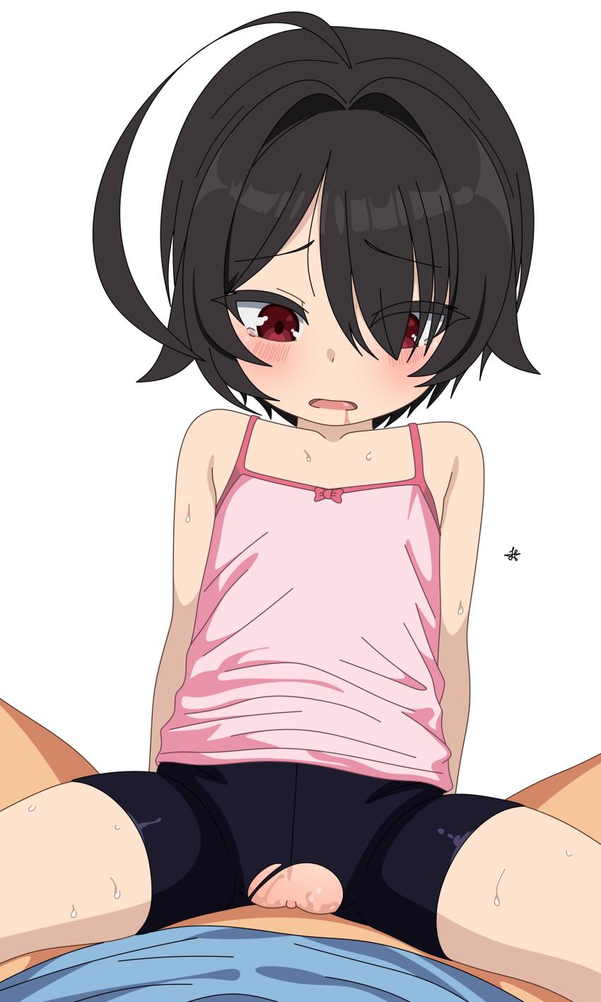 1boy 1girl absurdres age_difference ahoge bike_shorts black_hair blush camisole cowgirl_position flat_chest highres legs loli original pussy red_eyes saliva sex shirt short_hair shorts simple_background spread_legs straddling takahoshino tears thighs torn_clothes torn_shorts uncensored vaginal white_background