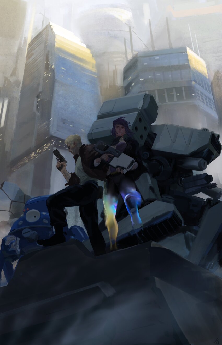 1boy 1girl aethash batou_(gits) building bullpup city cityscape cyberpunk day ghost_in_the_shell ghost_in_the_shell:_stand_alone_complex gun highres holding holding_gun holding_weapon kusanagi_motoko mecha medium_hair missile_pod robot tachikoma walker_(robot) weapon window