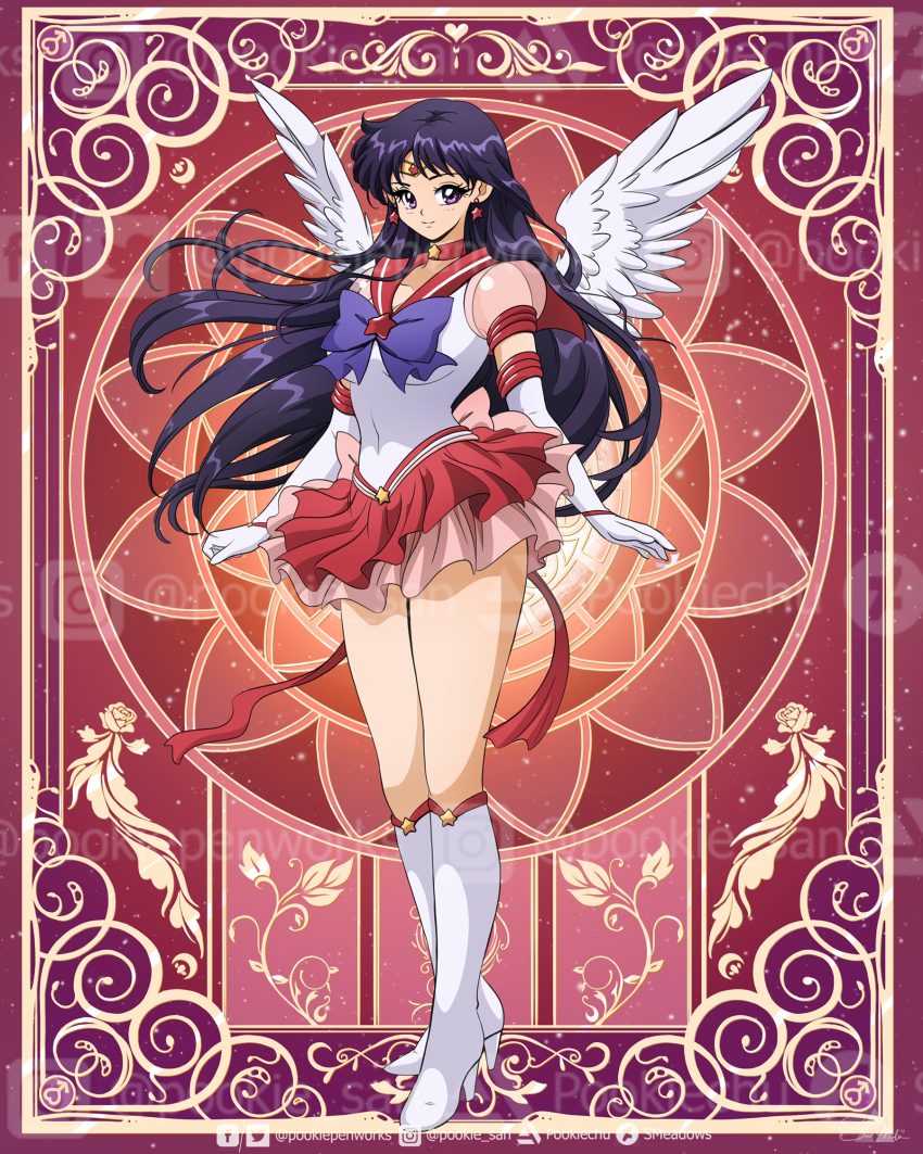 1girl back_bow bishoujo_senshi_sailor_moon bishoujo_senshi_sailor_moon_stars black_hair boots bow brooch choker earrings elbow_gloves gloves heart heart_brooch highres hino_rei jewelry long_hair magical_girl pookiepenworks puffy_short_sleeves puffy_sleeves red_sailor_collar red_skirt sailor_collar sailor_mars sailor_senshi_uniform short_sleeves skirt smile solo star_(symbol) star_choker super_sailor_mars white_boots white_gloves