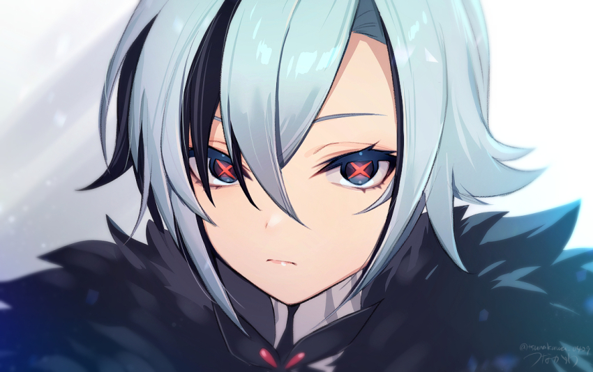 1girl arlecchino_(genshin_impact) black_eyes black_hair closed_mouth fur_trim genshin_impact grey_hair hair_between_eyes looking_at_viewer multicolored_hair portrait red_pupils short_hair signature simple_background solo streaked_hair symbol-shaped_pupils tsunakawa twitter_username x-shaped_pupils