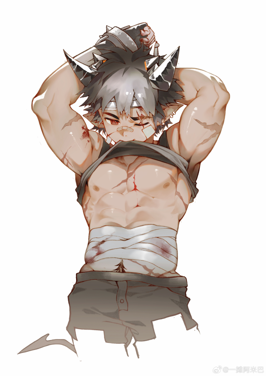 1boy abs absurdres arknights armpits arms_up bandaged_stomach bandages bandaid bandaid_on_face bandaid_on_nose black_hair black_pants black_shirt black_tank_top blood blood_on_arm blood_on_body bloody_bandages chinese_commentary clothes_in_mouth clothes_lift commentary_request cross_scar demon_boy demon_horns demon_tail highres horns injury male_focus mouth_hold multiple_scars muscular muscular_male nipples odda_(arknights) one_eye_closed pants pectorals pointy_ears scar scar_across_eye scar_on_arm scar_on_chest scar_on_face scar_on_stomach shirt shirt_in_mouth shirt_lift sleeveless sleeveless_shirt tail tank_top watermark weibo_watermark white_background yi_tan_a_mi_ba