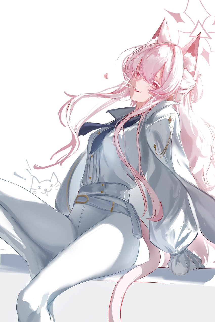 1girl absurdres akira_(blue_archive) animal_ear_fluff animal_ears blue_archive blue_bow bow cat_ears cat_girl cat_tail drawn_whiskers gloves hair_between_eyes high-waist_pants highres jacket jacket_on_shoulders long_hair looking_at_viewer open_mouth pants pink_hair red_eyes seeyouu73 shirt sidelocks sitting smile solo tail white_gloves white_jacket white_pants white_shirt