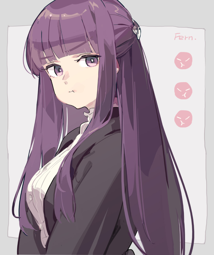 1girl blunt_bangs breasts character_name emoji fern_(sousou_no_frieren) highres long_hair long_sleeves looking_at_viewer pout puffy_long_sleeves puffy_sleeves purple_eyes purple_hair pursed_lips shirt solo sousou_no_frieren tennohi upper_body white_shirt