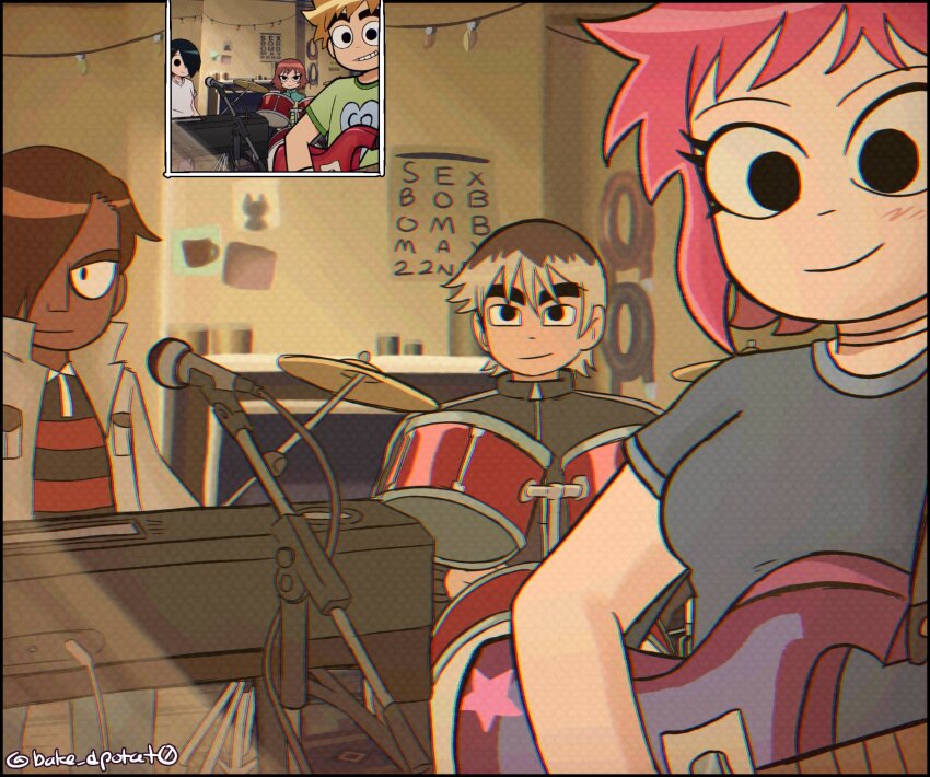 1girl 2boys alternate_costume alternate_universe band_(music) bass_guitar black_eyes blonde_hair breasts brown_hair commentary cosplay dark-skinned_male dark_skin derivative_work drum drum_set emo_fashion english_commentary grey_shirt hair_over_one_eye highres holding holding_bass_guitar holding_instrument indoors instrument kim_pine kim_pine_(cosplay) knives_chau looking_at_viewer matthew_patel microphone multiple_boys official_style personality_switch pink_hair ramona_flowers reference_inset reverse_au_(scott_pilgrim) scott_pilgrim scott_pilgrim_(series) scott_pilgrim_takes_off screenshot_inset screenshot_redraw shirt short_hair signature smile tobi_(bake_dpotat0) todd_ingram