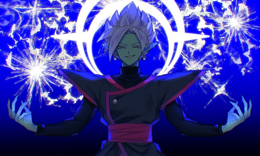 1boy bad_id bad_twitter_id black_bodysuit bodysuit colored_skin dragon_ball dragon_ball_super earrings evil_grin evil_smile fused_zamasu green_skin grey_eyes grin halo jewelry lightning long_sleeves looking_at_viewer pointy_ears potara_earrings red_sash ring sash smile smirk solo spiked_hair sugao_n3 teeth white_hair