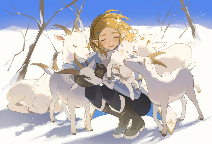 1girl absurdres ahoge animal bare_tree black_gloves black_pants blonde_hair blue_jacket blue_sky blush boots braid brown_shoes closed_eyes eyelashes floating_hair full_body fur-trimmed_jacket fur_trim gloves goat hair_ornament hairpin happy highres holding holding_animal jacket lamblab0824 long_sleeves medium_hair nintendo open_mouth outdoors pants princess_zelda shoes sitting sky snow solo teeth the_legend_of_zelda the_legend_of_zelda:_tears_of_the_kingdom tree upper_teeth_only wind winter
