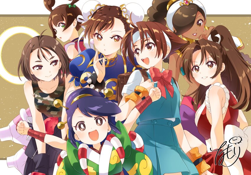 6+girls :d :o absurdres ayame_(power_stone) bracelet brown_eyes brown_hair bun_cover camouflage camouflage_shirt capcom chinese_clothes chun-li commentary dark-skinned_female dark_skin double_bun earrings english_commentary grin hair_bun hair_over_one_eye headband highres japanese_clothes jewelry june_lin_milliam justice_gakuen kazama_akira long_hair looking_ahead looking_at_another looking_at_viewer multiple_girls namori official_art open_mouth parted_lips pearl_earrings ponytail power_stone purple_hair rouge_(power_stone) school_uniform second-party_source shiranui_mai shirt short_hair signature smile snk spiked_bracelet spikes star_gladiator street_fighter the_king_of_fighters wakaba_hinata white_headband
