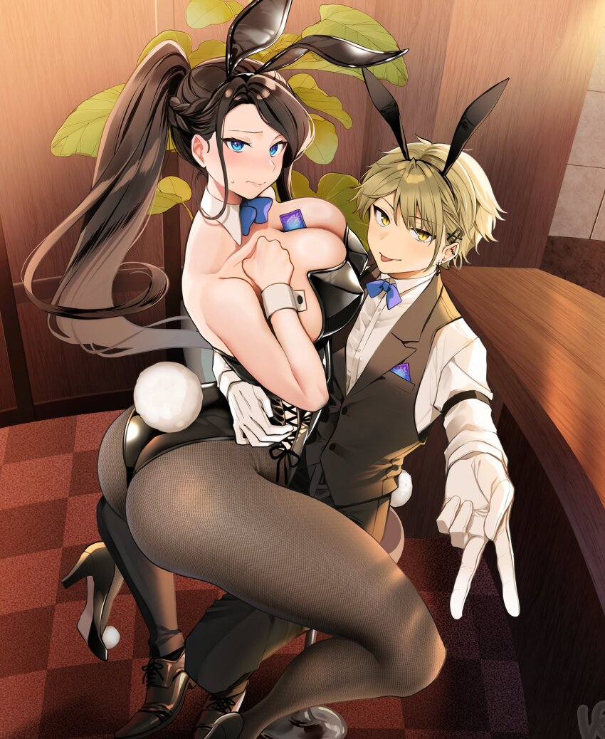 1boy 1girl absurdres animal_ear_hairband animal_ears asuma_mitsuya_(yunamaro) black_hair black_leotard black_shoes blonde_hair blue_bow blue_bowtie blue_eyes bow bowtie braid breasts checkered_floor closed_mouth collar condom condom_between_breast cross-laced_clothes cross-laced_leotard detached_collar fake_animal_ears gloves hairband high_heels highres large_breasts leotard long_hair long_sleeves original pantyhose plant playboy_bunny pom_pom_(clothes) pom_pom_footwear ponytail rabbit_ear_hairband rabbit_ears rabbit_tail shirt shoes short_hair sitting sweat tail tongue vest waistcoat white_collar white_gloves white_shirt white_wrist_cuffs wrist_cuffs yaotome_tsuyako_(yunamaro) yellow_eyes yunamaro