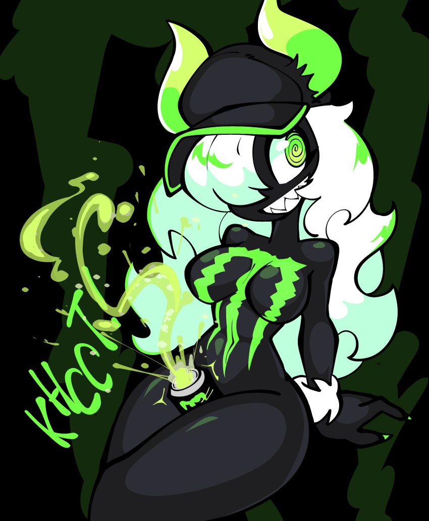 1girl @_@ absurdres between_thighs black_background black_skin breasts can colored_skin convenient_censoring green_eyes hat highres horns jek_korpen large_breasts liquid long_hair monster_energy monster_energy-chan navel one_eye_covered open_mouth product_girl sharp_teeth smile teeth thighs white_hair