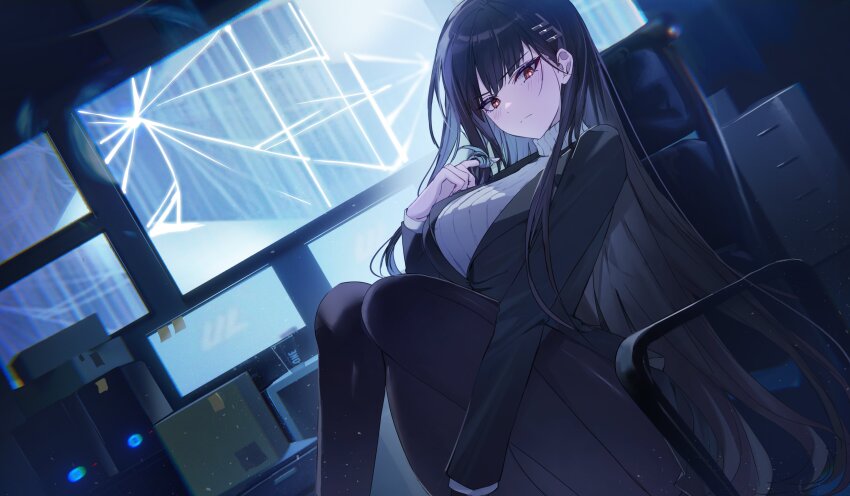 1girl absurdres b_soyo1 black_hair black_halo black_pantyhose blue_archive bright_pupils hair_ornament hairclip halo highres long_hair multicolored_halo pantyhose red_eyes rio_(blue_archive) solo sweater turtleneck turtleneck_sweater two-tone_halo very_long_hair white_pupils white_sweater