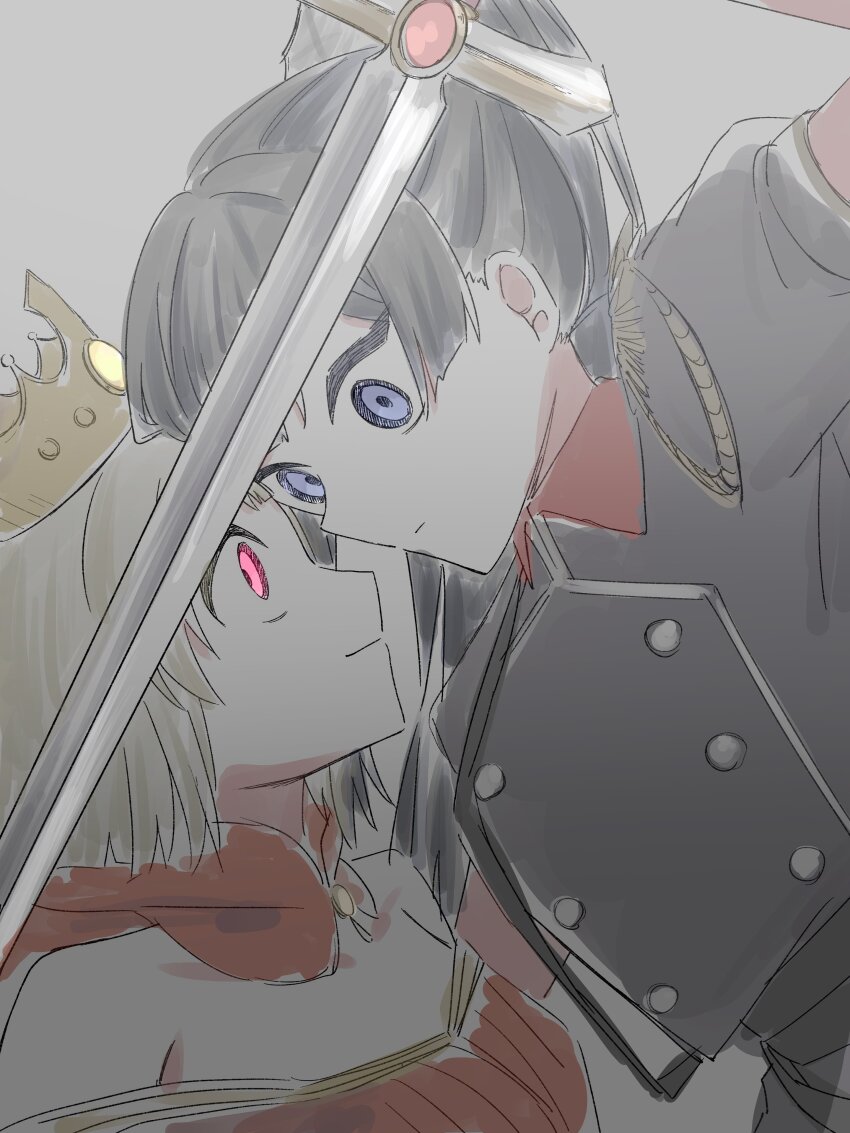 0708hyouka29 2girls absurdres black_hair black_jacket bob_cut brown_hair capelet closed_mouth commentary_request crown double_bun dress empty_eyes face-to-face grey_background grey_eyes hair_bun highres jacket long_hair love_live! love_live!_nijigasaki_high_school_idol_club multiple_girls nakasu_kasumi nakasu_kasumi_(the_emperor) off-shoulder_dress off_shoulder official_alternate_costume ponytail red_capelet red_dress red_eyes short-sleeved_jacket short_hair short_sleeves sword upper_body weapon yuki_setsuna yuki_setsuna_(the_chariot)