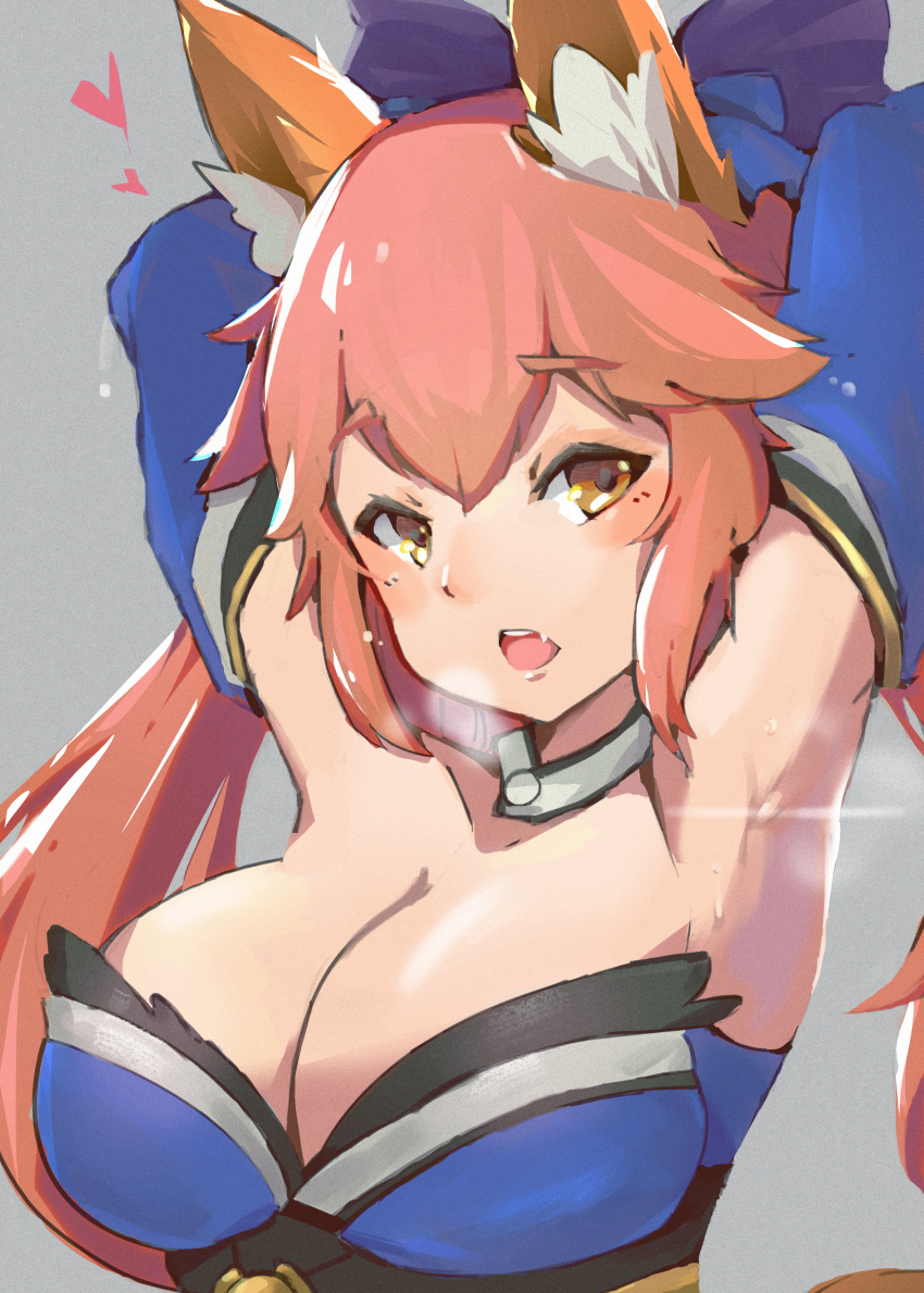 1girl absurdres animal_ear_fluff animal_ears armpits arms_behind_head arms_up blush breasts detached_collar detached_sleeves fate/extra fate/grand_order fate_(series) fox_ears fox_girl highres japanese_clothes large_breasts long_hair long_sleeves meow_head open_mouth orange_eyes pink_hair solo sweat tamamo_(fate) tamamo_no_mae_(fate) twintails upper_body