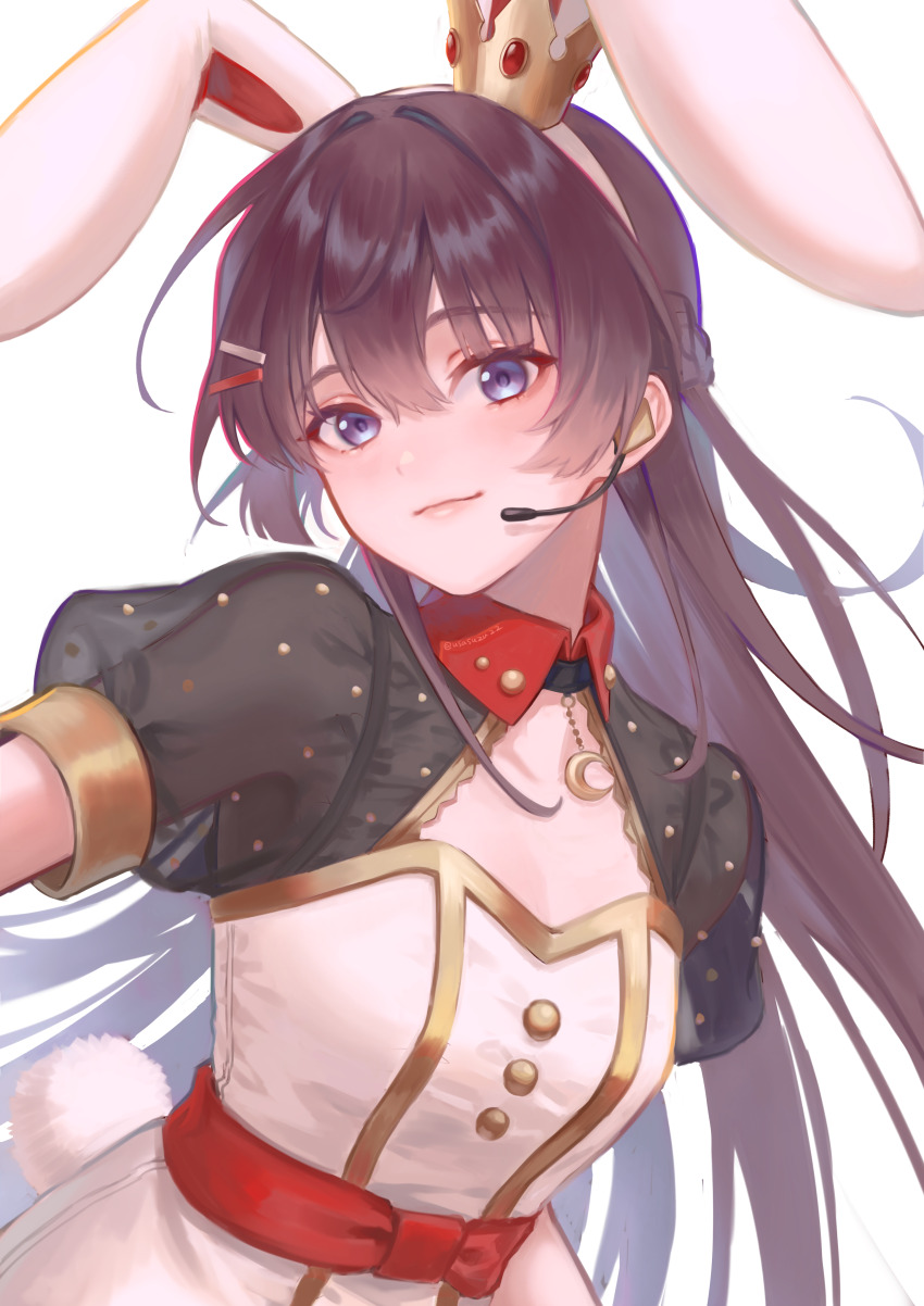 1girl absurdres animal_ears belt black_hair black_sleeves blue_eyes breasts cleavage cleavage_cutout closed_mouth clothing_cutout collared_dress commentary_request crescent_pendant crown dress ear_through_crown fake_animal_ears fake_tail gold_trim hair_ornament hairpin headset highres jewelry lips long_hair looking_at_viewer mini_crown multiple_hairpins nijisanji pendant puffy_short_sleeves puffy_sleeves rabbit_ears rabbit_tail red_belt see-through_clothes see-through_sleeves short_sleeves simple_background small_breasts smile solo tail tsukino_mito tsukino_mito_(bunny_idol) upper_body usasuzu very_long_hair virtual_youtuber white_background white_dress