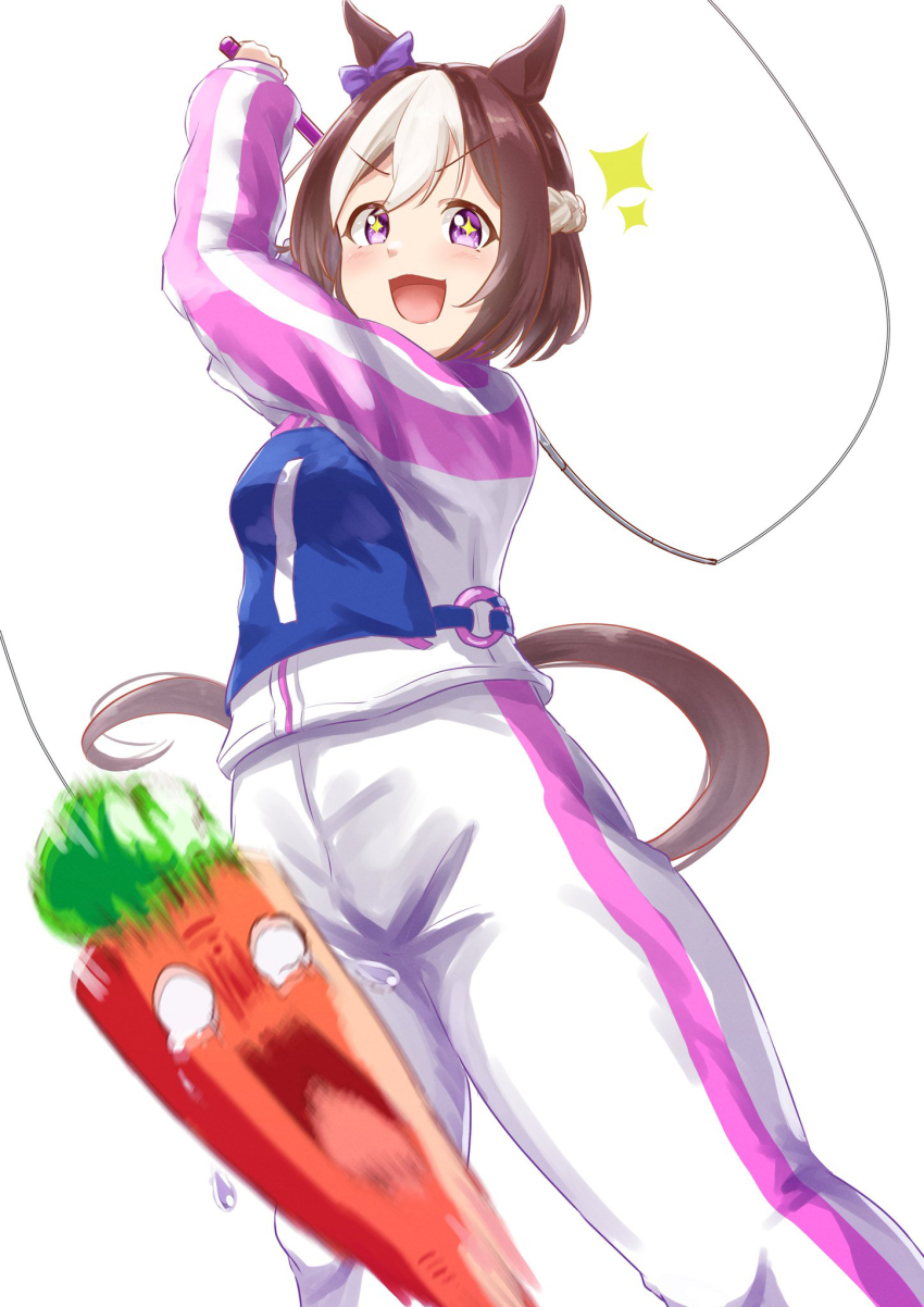 +_+ 1girl animal_ears blush bow braid brown_hair carrot commentary_request ear_bow feet_out_of_frame fishing_line fishing_rod hair_between_eyes half_up_braid highres holding holding_fishing_rod horse_ears horse_girl horse_tail jacket looking_at_viewer multicolored_hair open_mouth purple_bow purple_eyes race_bib screaming shiranui_(jari_boy) short_hair simple_background smile solo sparkle special_week_(umamusume) streaked_hair tail track_jacket track_suit umamusume v-shaped_eyebrows white_background white_hair