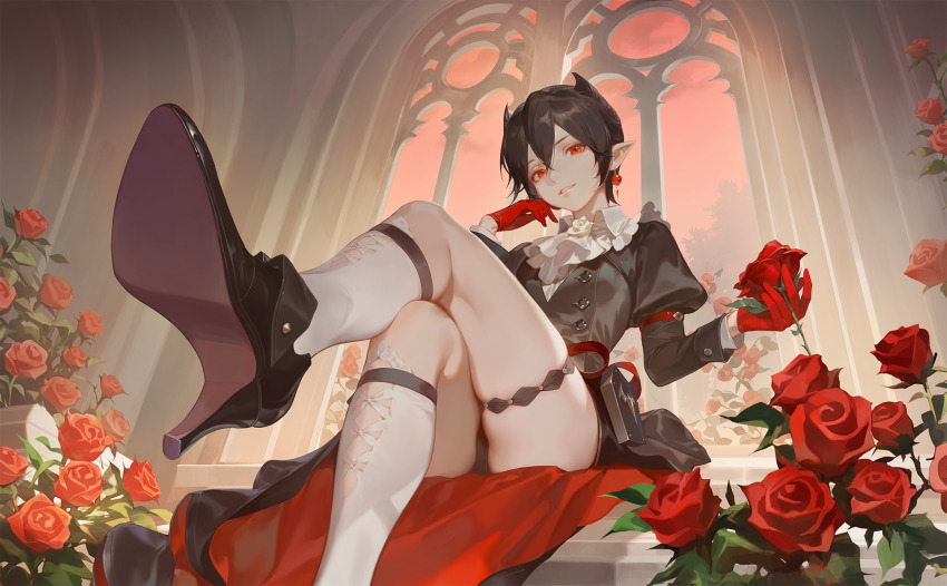 1girl arknights ascot black_dress black_hair black_panties black_shoes breasts crossed_legs dress earrings entelechia_(arknights) fanfanfanlove flower gloves hand_on_own_cheek hand_on_own_face head_tilt highleg highres holding holding_flower indoors jewelry juliet_sleeves kneehighs long_sleeves looking_at_viewer mole mole_under_eye panties pantyshot parted_lips pointy_ears pouch puffy_sleeves red_eyes red_flower red_gloves red_rose rose shoes short_hair sitting skindentation small_breasts smile socks solo thigh_strap underwear white_ascot white_flower white_rose white_socks wind