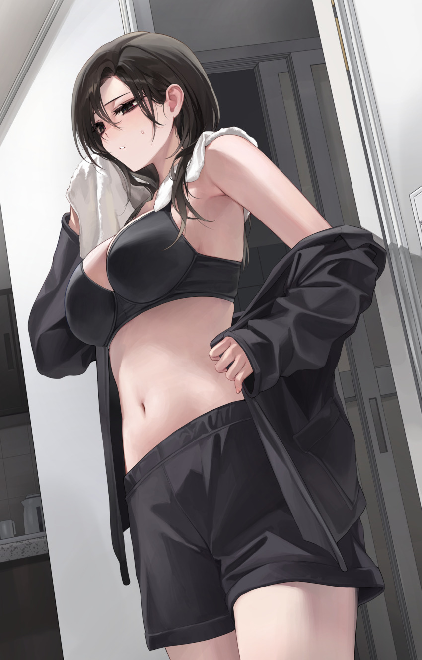 1girl after_bathing armpit_crease bare_shoulders black_bra black_eyes black_hair black_hoodie black_shorts bra breasts clothes_down commentary_request cowboy_shot from_side highres holding holding_towel hood hoodie indoors large_breasts navel open_clothes open_hoodie original parted_lips sabotensuteeki shorts solo stomach towel underwear wiping