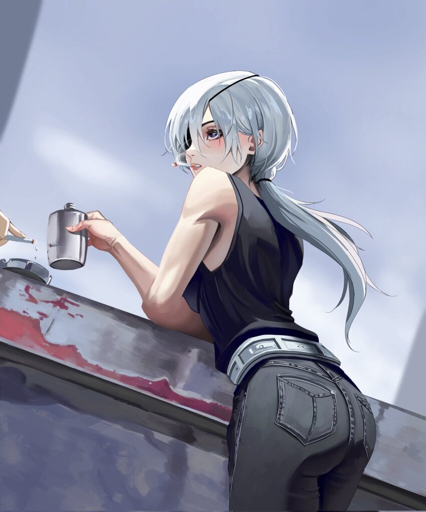 1girl 1other ashtray ass black_pants black_scrunchie black_shirt black_tank_top blue_eyes breasts chainsaw_man cigarette commentary cowboy_shot denim english_commentary eyepatch flask from_behind grey_hair hair_between_eyes hair_over_one_eye hair_tie highres hip_flask holding holding_flask jeans long_hair looking_to_the_side pants ponytail quanxi_(chainsaw_man) rasipan scrunchie shirt sleeveless sleeveless_shirt smoke smoking solo solo_focus standing tank_top