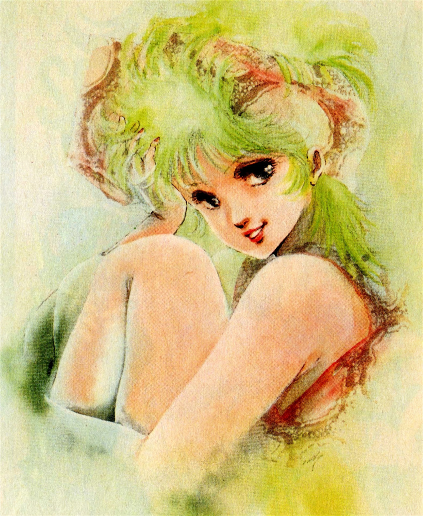 1990s_(style) 1girl bare_shoulders commentary dress english_commentary green_hair grin hand_in_own_hair highres magazine_scan megazone_23 mikimoto_haruhiko painting_(medium) promotional_art red_lips retro_artstyle scan signature sitting smile tokimatsuri_eve traditional_media
